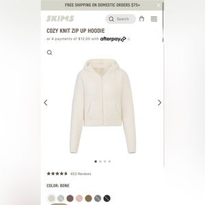 SKIMS Cozy Knit Zip Up Hopdie Size L/XL in Color Bone